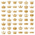 Gold crown icons. Queen king golden crowns luxury royal on blackboard