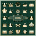 Gold crown icons set on damask. Royalty Free Stock Photo