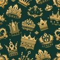 Gold crown king icons set nobility collection vintage jewelry sign vector illustration seamless pattern background Royalty Free Stock Photo