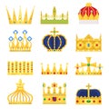 Gold crown of the king icon set nobility majestic collection insignia and imperial prince vintage jewelry kingdom queen