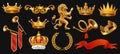 Gold crown of the king. Laurel wreath, trumpet, lion, ribbon. 3d vector icon set Royalty Free Stock Photo