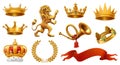 Gold crown of the king. Laurel wreath, trumpet, lion, ribbon. vector icon set Royalty Free Stock Photo