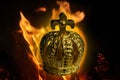 gold crown among orange flames on background of fire, talisman for supreme power, concept of desire for leadership, victory,