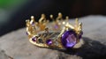 a gold crown ring with amethyst purple stones on a rock