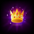 Gold crown with rubies and pearls icon with sparkles on dark purple background, monarchy and luxury symbol, royal