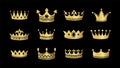 Gold crown silhouette icon set. Collections of golden crowns. Queen tiara. King diamond coronation crowning. Vector Royalty Free Stock Photo