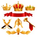 Gold Crown Vector. Golden King Royal Crown With Gems, Red Ribbon Velvet Textile, Swordm Helmet, Horn. Monarchy Power