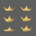 Gold crown vector icons set. Decoration props for medals, coins, badges, ets, isolated on dark background Royalty Free Stock Photo