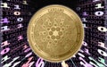 Gold Crypto Coin Cardano, on the background of the Binary code with tunnels with energies