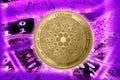 Gold Crypto Coin Cardano, on the background of the Binary code with tunnels with energies