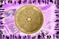 Gold Crypto Coin Cardano, on the background of the Binary code with tunnels with energies. Silhouettes of people in the office