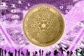 Gold Crypto Coin Cardano, on the background of the Binary code with tunnels with energies. Silhouettes of people in the office