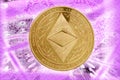 Gold Crypto Coin Ethereum classic, on the background of the Binary code with tunnels with energies