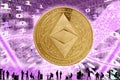 Gold Crypto Coin Ethereum classic, on the background of the Binary code with tunnels with energies. Silhouettes of people in the