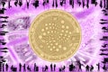 Gold Crypto Coin IOTA, on the background of the Binary code with tunnels with energies. Silhouettes of people in the office