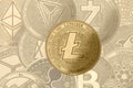 Gold crypto coin litecoin ltc sign, on the background of shaded coins ethereum, iota, zcash, 0x, stellar, ripple, tron, ripple
