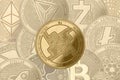 Gold crypto coin 0x zrx sign, on the background of shaded coins ethereum, iota, zcash, stellar, tron, ripple, neo, litecoin, eos
