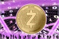 Gold Crypto Coin ZCASH, on the background of the Binary code with tunnels with energies