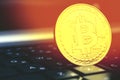 Gold cryptocurrency with bitcoins on laptop Royalty Free Stock Photo