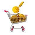 Gold cryptocurrency dropping in the shopping cart isolated. 3d rendering coin purchased illustration