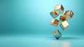 gold cubes falling teal background - minimalism Royalty Free Stock Photo