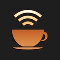 Gold Cup of coffee shop with free wifi zone icon isolated on black background. Internet connection placard. Long shadow Royalty Free Stock Photo