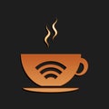 Gold Cup of coffee shop with free wifi zone icon isolated on black background. Internet connection placard. Long shadow Royalty Free Stock Photo