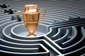Gold cup inside labyrinth maze. 3D rendering Royalty Free Stock Photo
