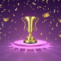 Gold cup on podium. Business or sport competition winner. Honored trophy award cup of stage. Vector illustration golden Royalty Free Stock Photo