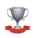 Silver cup trophy award with red label. Prize for the second place. Royalty Free Stock Photo