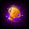 Gold cup trophy GUI gaming or mobile app icon, dark background. First place prize vector illustration in cartoon style