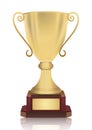 Gold cup winner vector illustration. Award-winning goblet medalist with a nameplate, isolated on white background