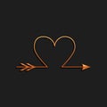 Gold Cupid arrow heart, Valentines Day cards icon isolated on black background. Long shadow style. Vector