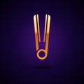 Gold Curling iron for hair icon isolated on dark blue background. Hair straightener icon. Vector Illustration