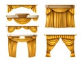 Gold curtains. Realistic golden fabric veils, different configurations, theater, cinema show stage drapes, luxury