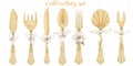 Gold cutlery set with flowers and ribbons, golden wedding tableware