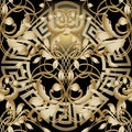 Gold 3d Baroque Renaissance vector seamless pattern. Vintage ornamental background. Greek key meanders mandala. Floral Royalty Free Stock Photo