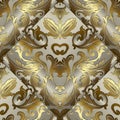 Gold 3d Baroque seamless pattern. Vector antique golden background. Vintage royal ornament. Surface texture. Patterned ornamental