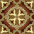 Gold 3d Baroque vector seamless pattern. Ornamental textured dark red background. Floral repeat leafy backdrop. Round greek key Royalty Free Stock Photo