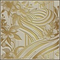 Gold 3d blossom sakura flowers textured emboss striped pattern with square frame. Relief ornamental embossed vector background.