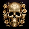 Gold 3D decorated skull, decorated with gold flowers roses. For the day of the dead and Halloween, black isolated background Royalty Free Stock Photo