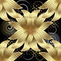 Gold 3d flowers vector seamless pattern. Modern abstract geometric background with swirls, spirals, halftone, dots. Vintage flora