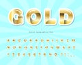 Gold 3d font. Cut out golden colored ABC letters and numbers. Celebration shiny alphabet. For posters, banners, web design. Vector Royalty Free Stock Photo