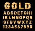 Gold 3d font. Glossy rich alphabet, trendy metal expensive typography elements. Luxury exclusive letters and numbers