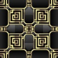 Gold 3d greek key meanders seamless pattern. Checkered ornate geometric background. Repeat squares backdrop. Luxury surface modern