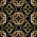 Gold 3d greek vector seamless pattern. Modern geometric background. Repeat floral backdrop. Ancient style greek key Royalty Free Stock Photo