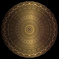 Gold 3d mandala pattern. Greek ornamental background. Surface backdrop. Greek key meander ornate round floral ornaments