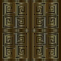 Gold 3d mosaic seamless pattern. Textured halftone squares background. Repeat half tone backdrop. Greek key, meanders. Pixel grid