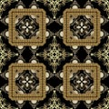 Gold 3d ornamental 3d greek vector seamless pattern. Geometric abstract modern background. Vintage arabesque flowers