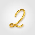 Gold 3d realistic number 2 sign on a light background.